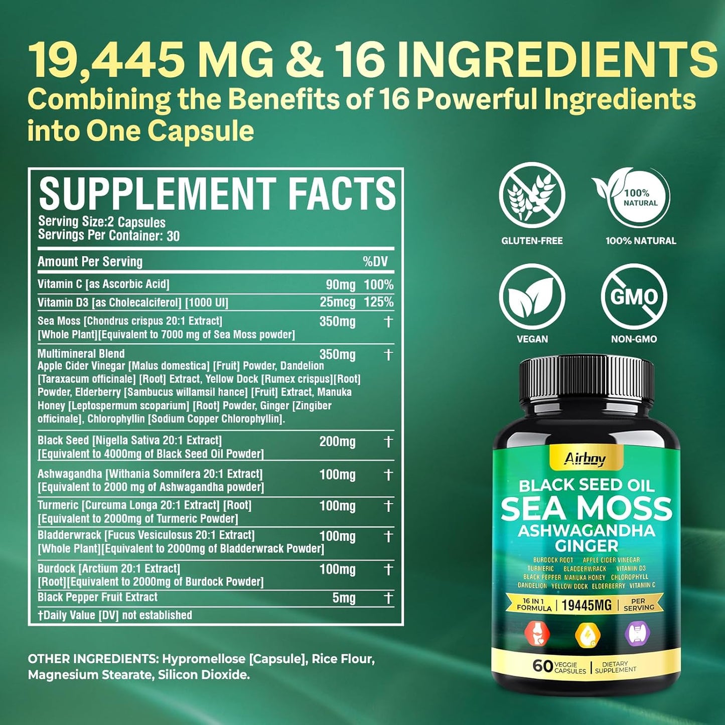 Sea Moss, Black Seed Oil, Ashwagandha, Turmeric, Bladderwrack Capsules with Ginger, Vitamin C, D3, Elderberry, Manuka, Dandelion, Yellow Dock, Chlorophyll for Men & Women