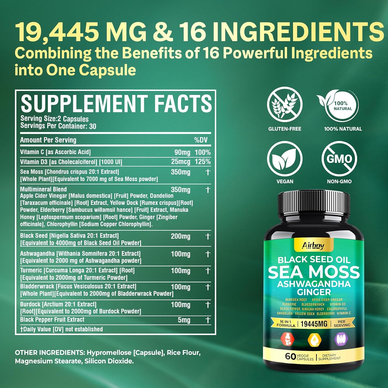Sea Moss, Black Seed Oil, Ashwagandha, Turmeric, Bladderwrack Capsules with Ginger, Vitamin C, D3, Elderberry, Manuka, Dandelion, Yellow Dock, Chlorophyll for Men & Women