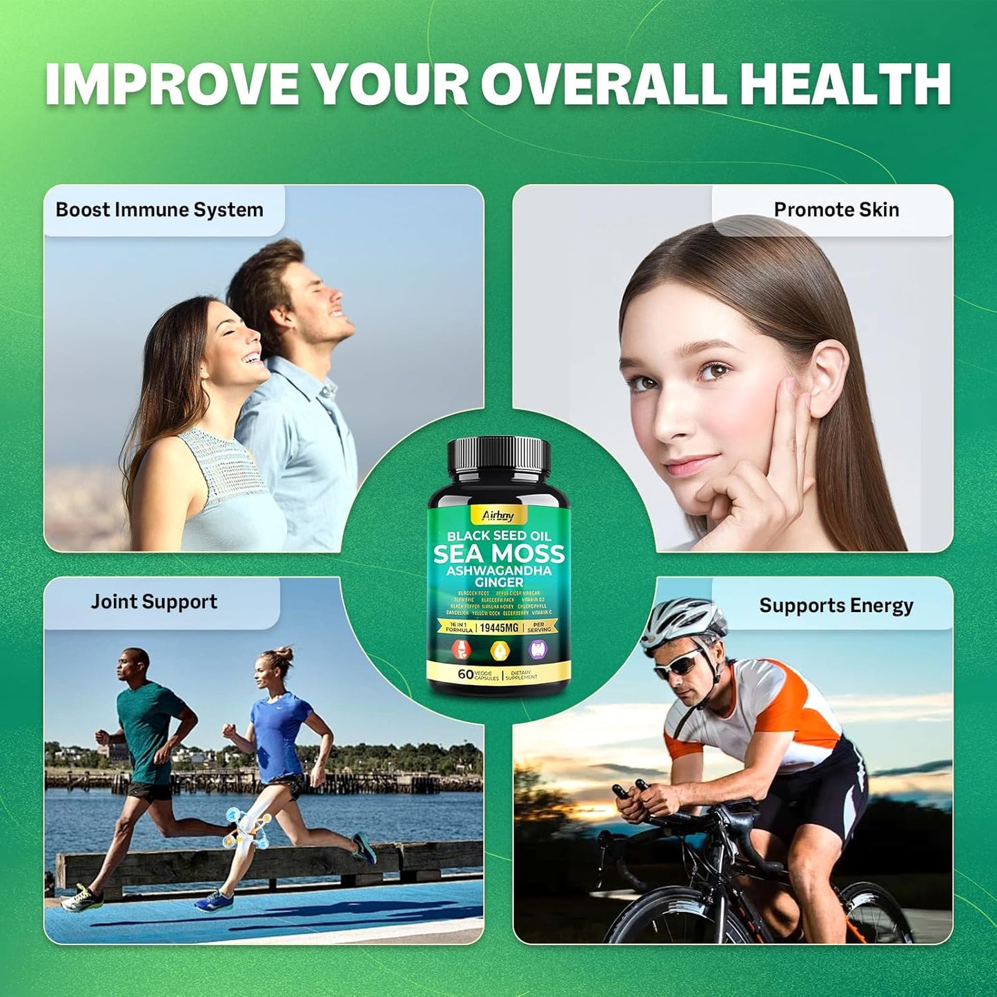Sea Moss, Black Seed Oil, Ashwagandha, Turmeric, Bladderwrack Capsules with Ginger, Vitamin C, D3, Elderberry, Manuka, Dandelion, Yellow Dock, Chlorophyll for Men & Women