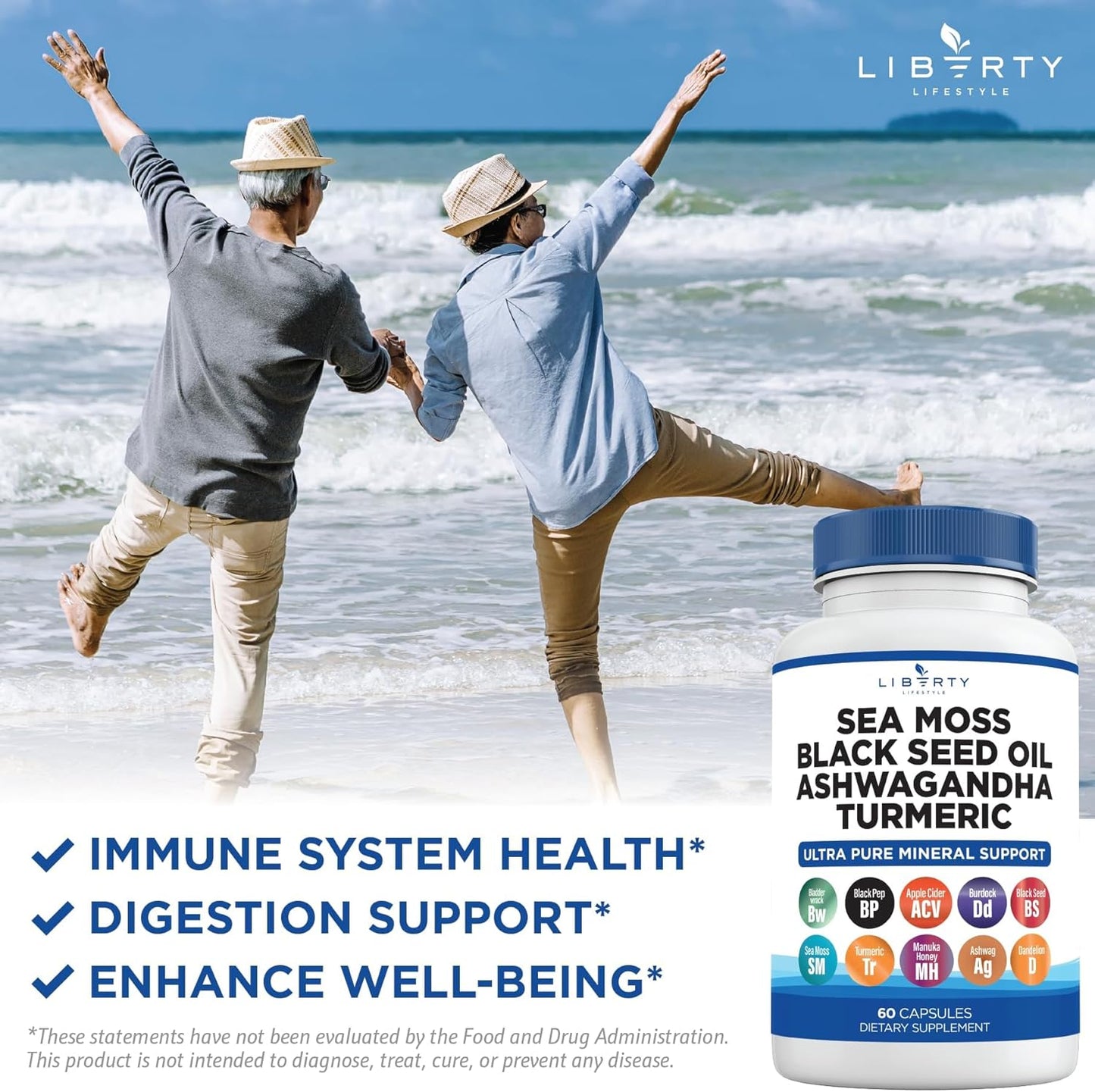 Sea Moss Black Seed Oil Ashwagandha Turmeric Bladderwrack Burdock Capsules with Manuka Honey Dandelion ACV Black Pepper - Gluten Free - 2-Pack
