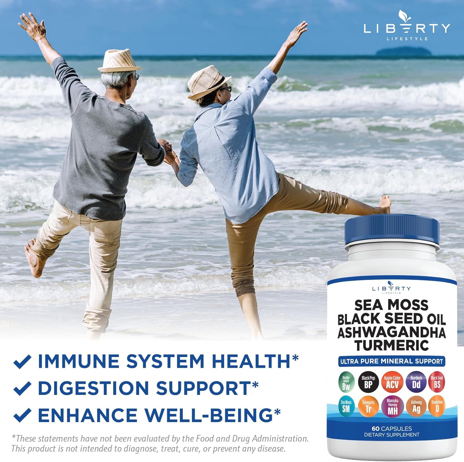 Sea Moss Black Seed Oil Ashwagandha Turmeric Bladderwrack Burdock Capsules with Manuka Honey Dandelion ACV Black Pepper - Gluten Free - 2-Pack