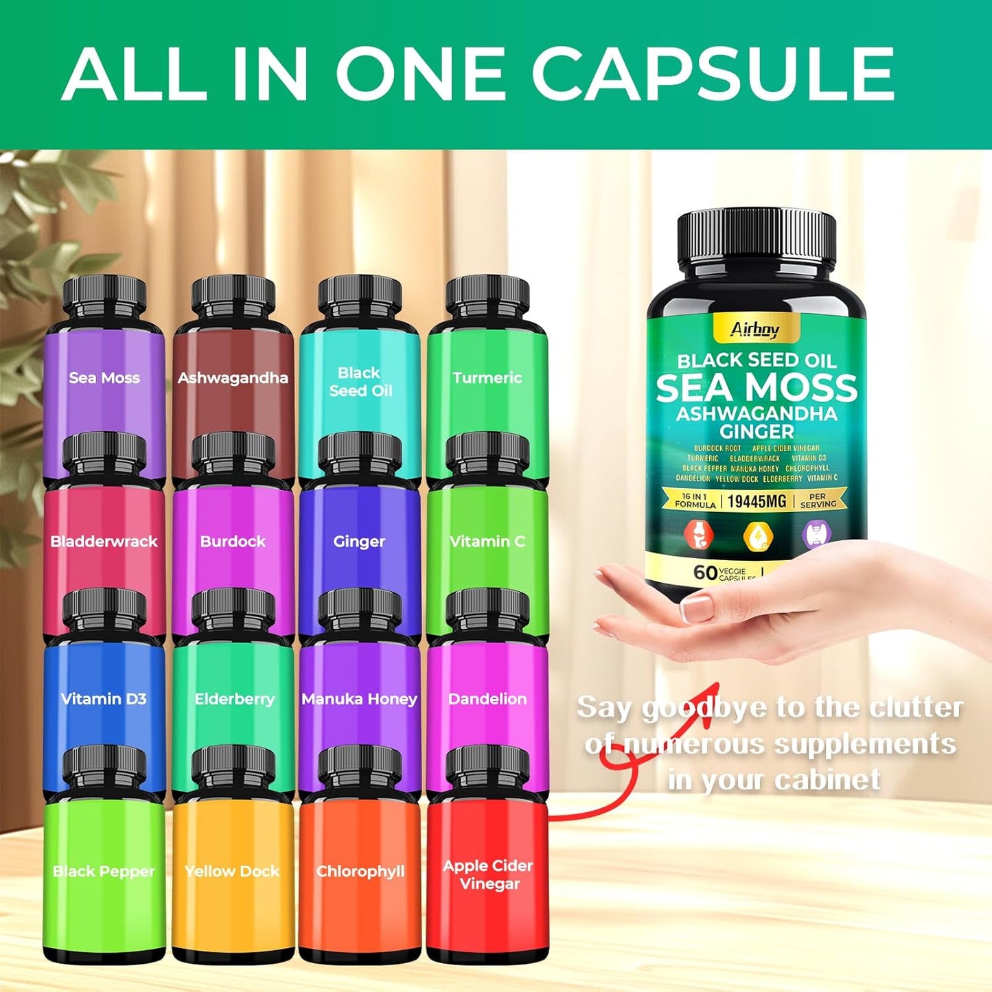 Sea Moss, Black Seed Oil, Ashwagandha, Turmeric, Bladderwrack Capsules with Ginger, Vitamin C, D3, Elderberry, Manuka, Dandelion, Yellow Dock, Chlorophyll for Men & Women