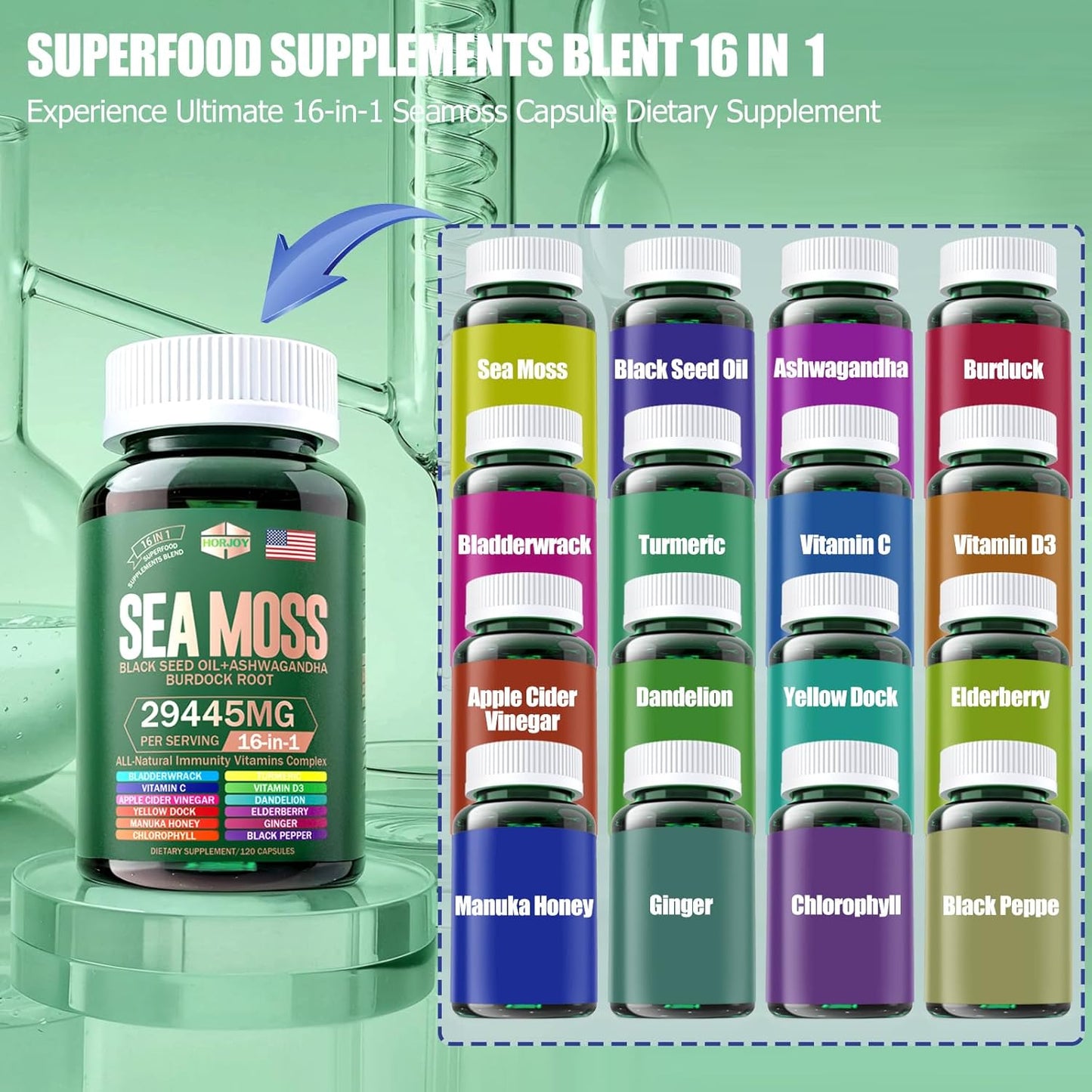 Sea Moss, Black Seed Oil, Ashwagandha, Turmeric, Bladderwrack, Burdock, Vitamin C & D3, Elderberry, Manuka, Dandelion, Yellow Dock, Iodine, Chlorophyll, ACV - Immune Support Supplement