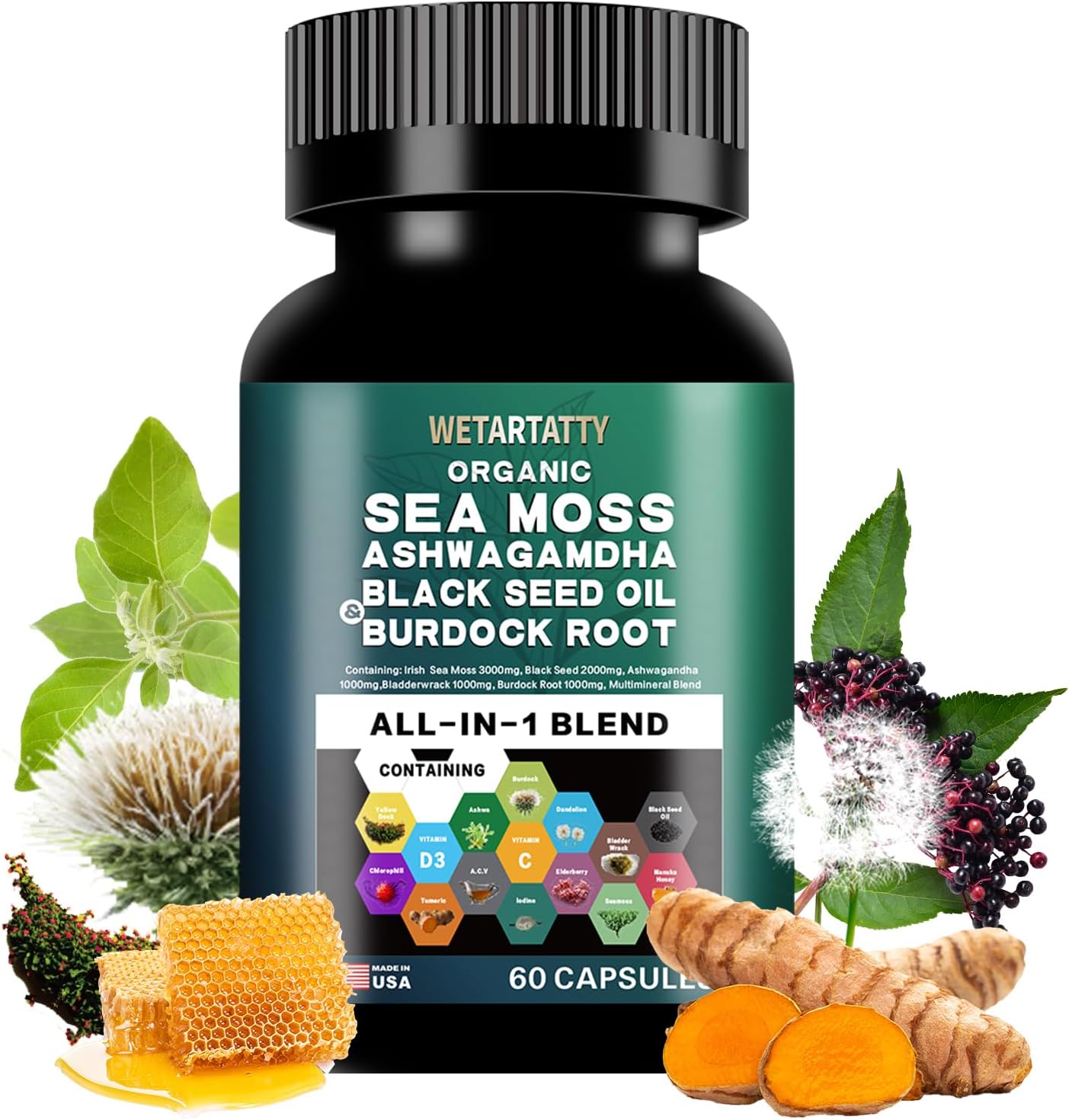 Sea Moss Capsules 3000mg with Ashwagandha, Bladderwrack, Ginger, Black Seed Oil, Burdock Root, Multimineral Blend - All-in-One Supplement