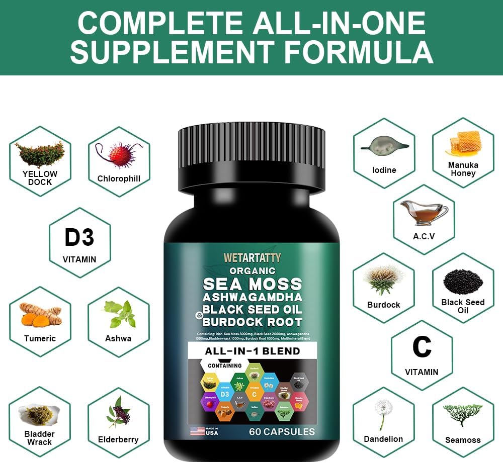 Sea Moss Capsules 3000mg with Ashwagandha, Bladderwrack, Ginger, Black Seed Oil, Burdock Root, Multimineral Blend - All-in-One Supplement