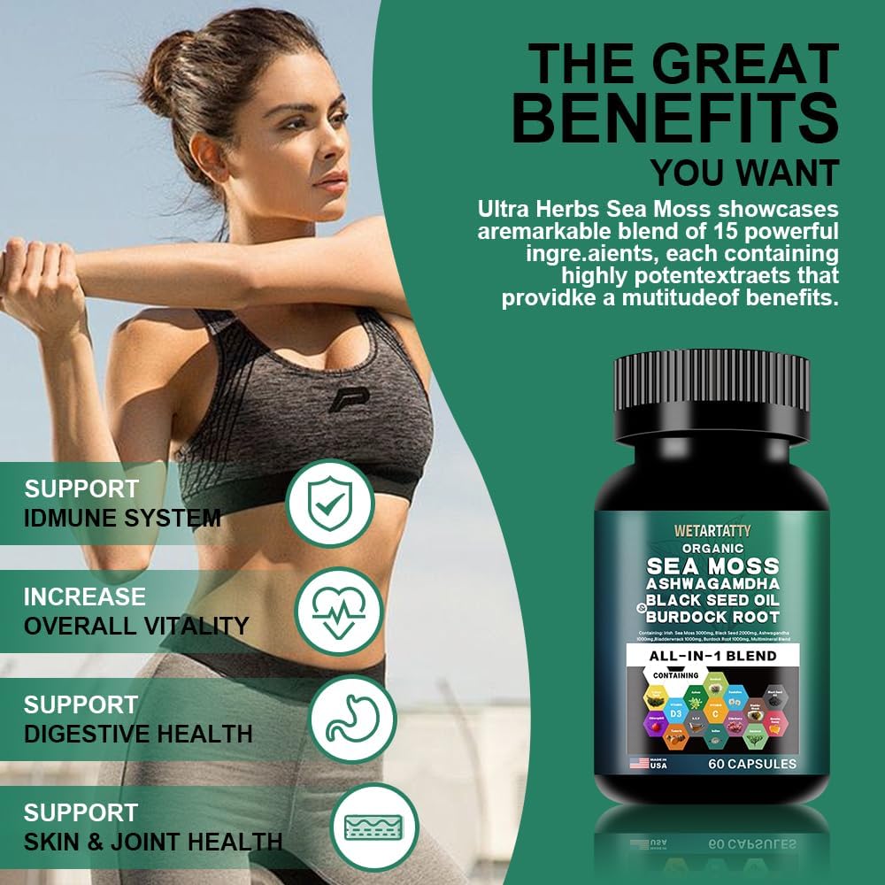Sea Moss Capsules 3000mg with Ashwagandha, Bladderwrack, Ginger, Black Seed Oil, Burdock Root, Multimineral Blend - All-in-One Supplement