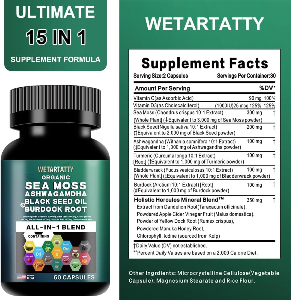 Sea Moss Capsules 3000mg with Ashwagandha, Bladderwrack, Ginger, Black Seed Oil, Burdock Root, Multimineral Blend - All-in-One Supplement
