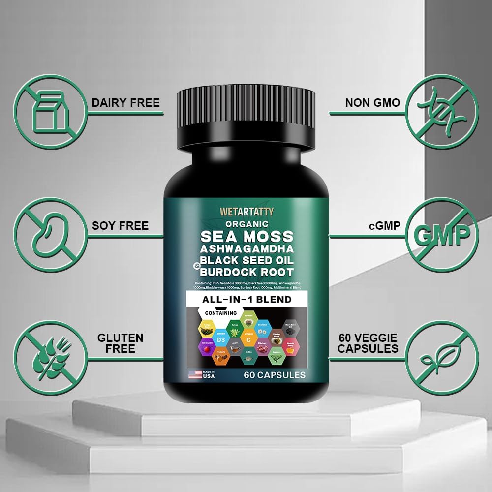 Sea Moss Capsules 3000mg with Ashwagandha, Bladderwrack, Ginger, Black Seed Oil, Burdock Root, Multimineral Blend - All-in-One Supplement
