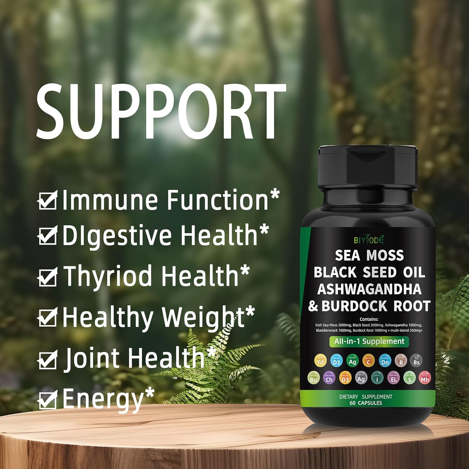 Sea Moss Capsules with Black Seed, Ashwagandha, Bladderwrack, and Burdock Root - 60 Capsules, 30 Day Supply