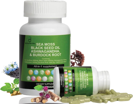 Sea Moss Capsules with Black Seed Oil, Ashwagandha, Burdock Root - 60 Capsules, Irish Moss Supplement with Vitamin C, D3, Manuka & Dandelion - Multi Minerals