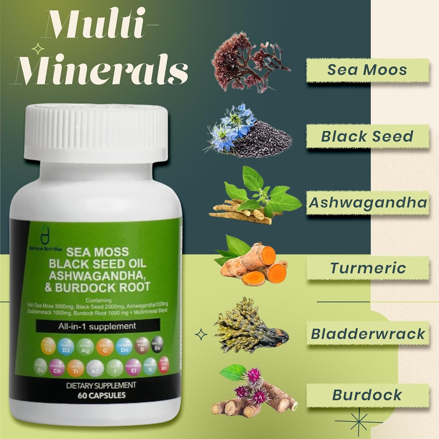 Sea Moss Capsules with Black Seed Oil, Ashwagandha, Burdock Root - 60 Capsules, Irish Moss Supplement with Vitamin C, D3, Manuka & Dandelion - Multi Minerals