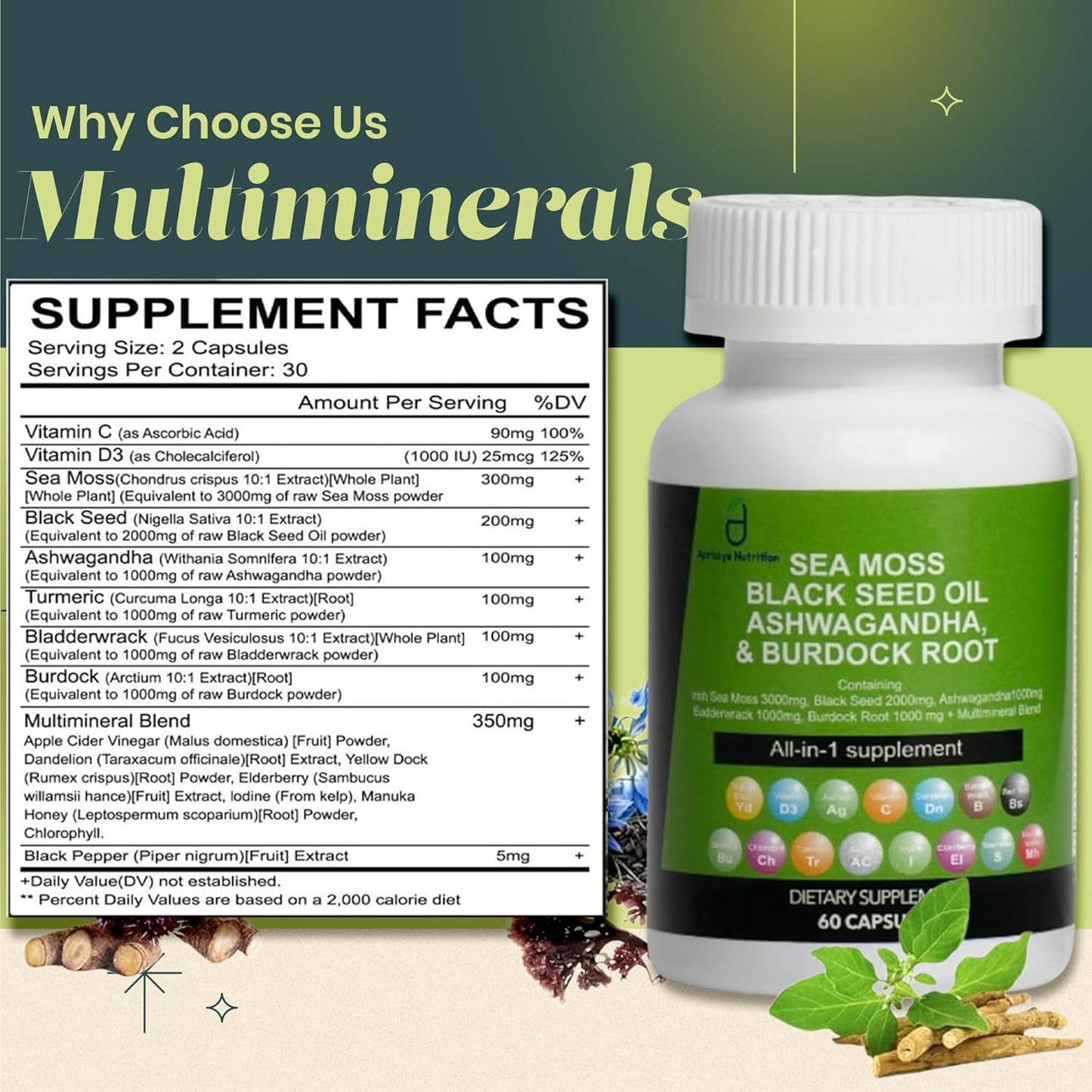 Sea Moss Capsules with Black Seed Oil, Ashwagandha, Burdock Root - 60 Capsules, Irish Moss Supplement with Vitamin C, D3, Manuka & Dandelion - Multi Minerals