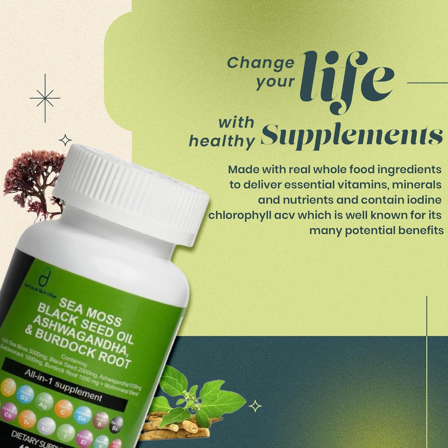 Sea Moss Capsules with Black Seed Oil, Ashwagandha, Burdock Root - 60 Capsules, Irish Moss Supplement with Vitamin C, D3, Manuka & Dandelion - Multi Minerals