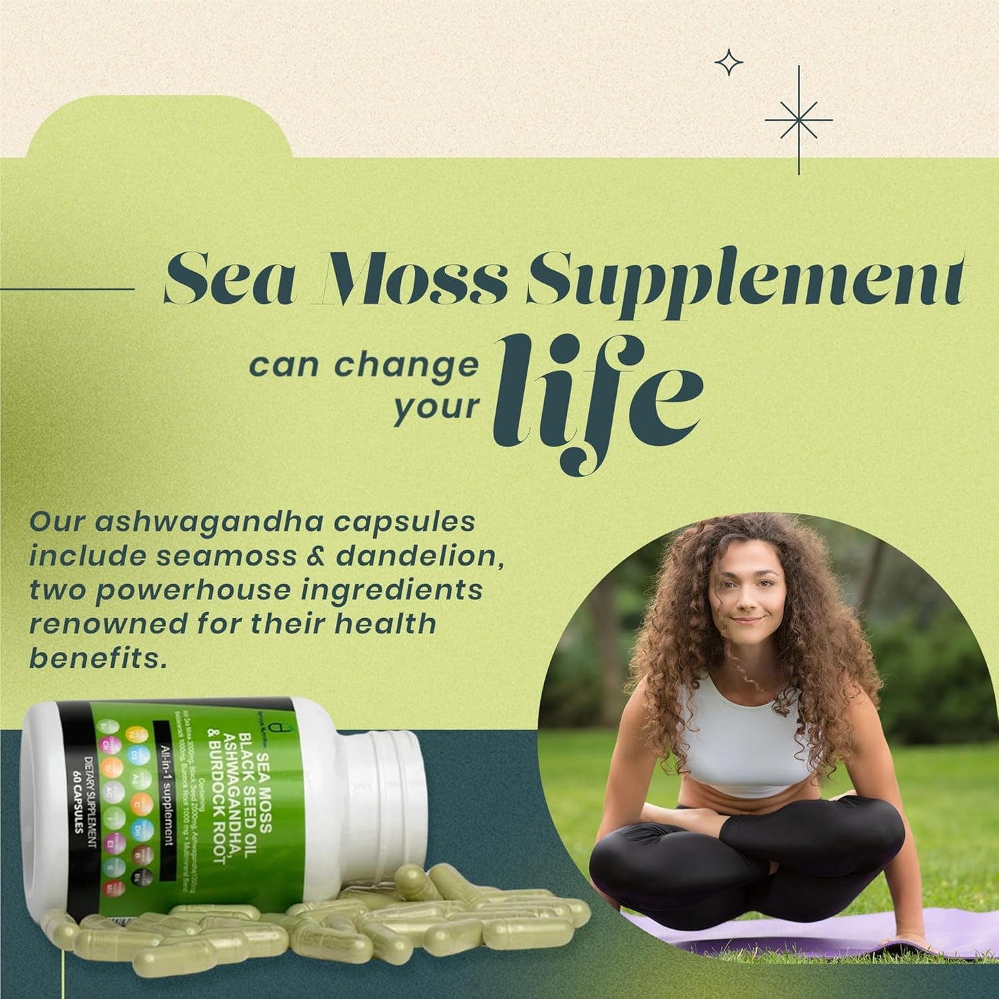 Sea Moss Capsules with Black Seed Oil, Ashwagandha, Burdock Root - 60 Capsules, Irish Moss Supplement with Vitamin C, D3, Manuka & Dandelion - Multi Minerals
