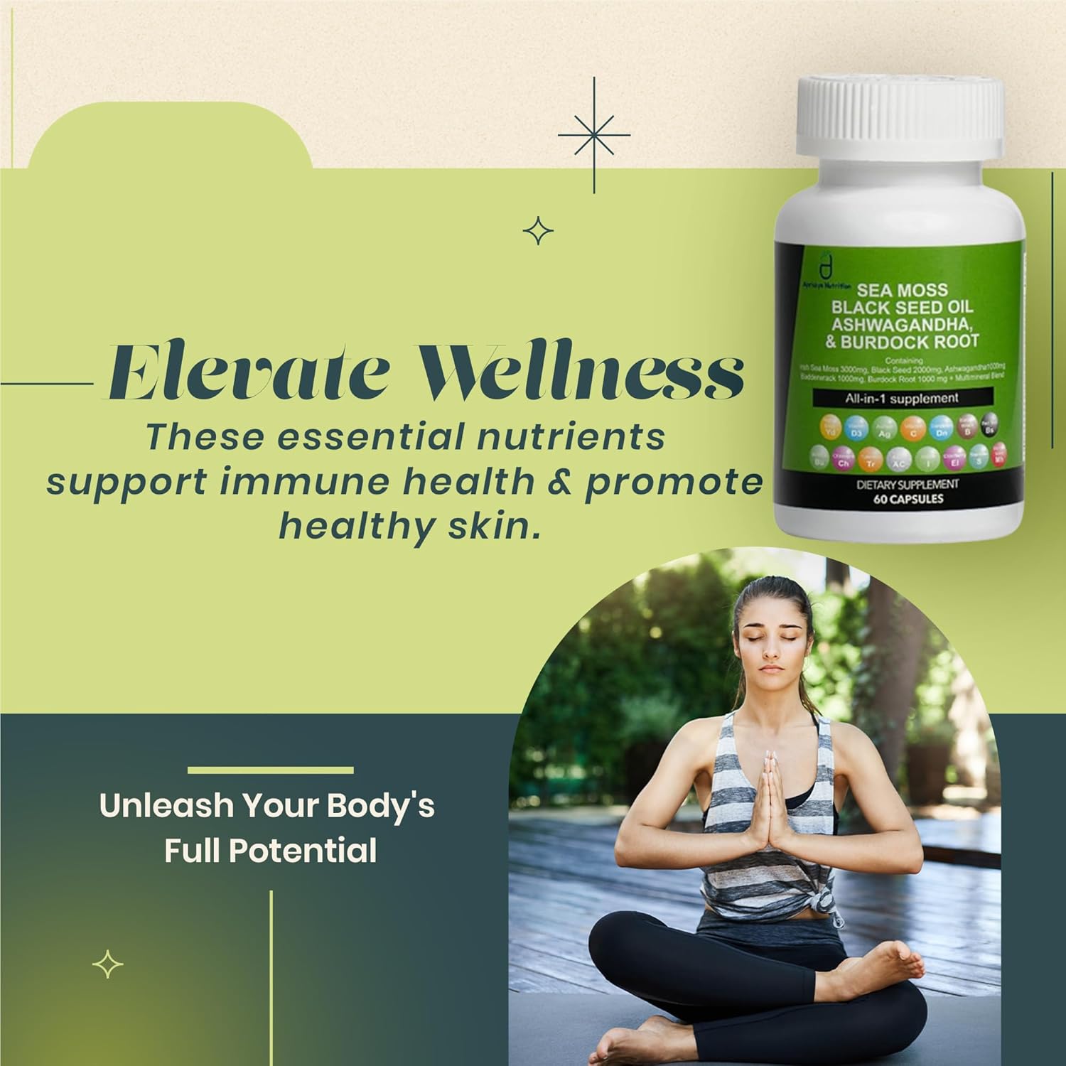 Sea Moss Capsules with Black Seed Oil, Ashwagandha, Burdock Root - 60 Capsules, Irish Moss Supplement with Vitamin C, D3, Manuka & Dandelion - Multi Minerals