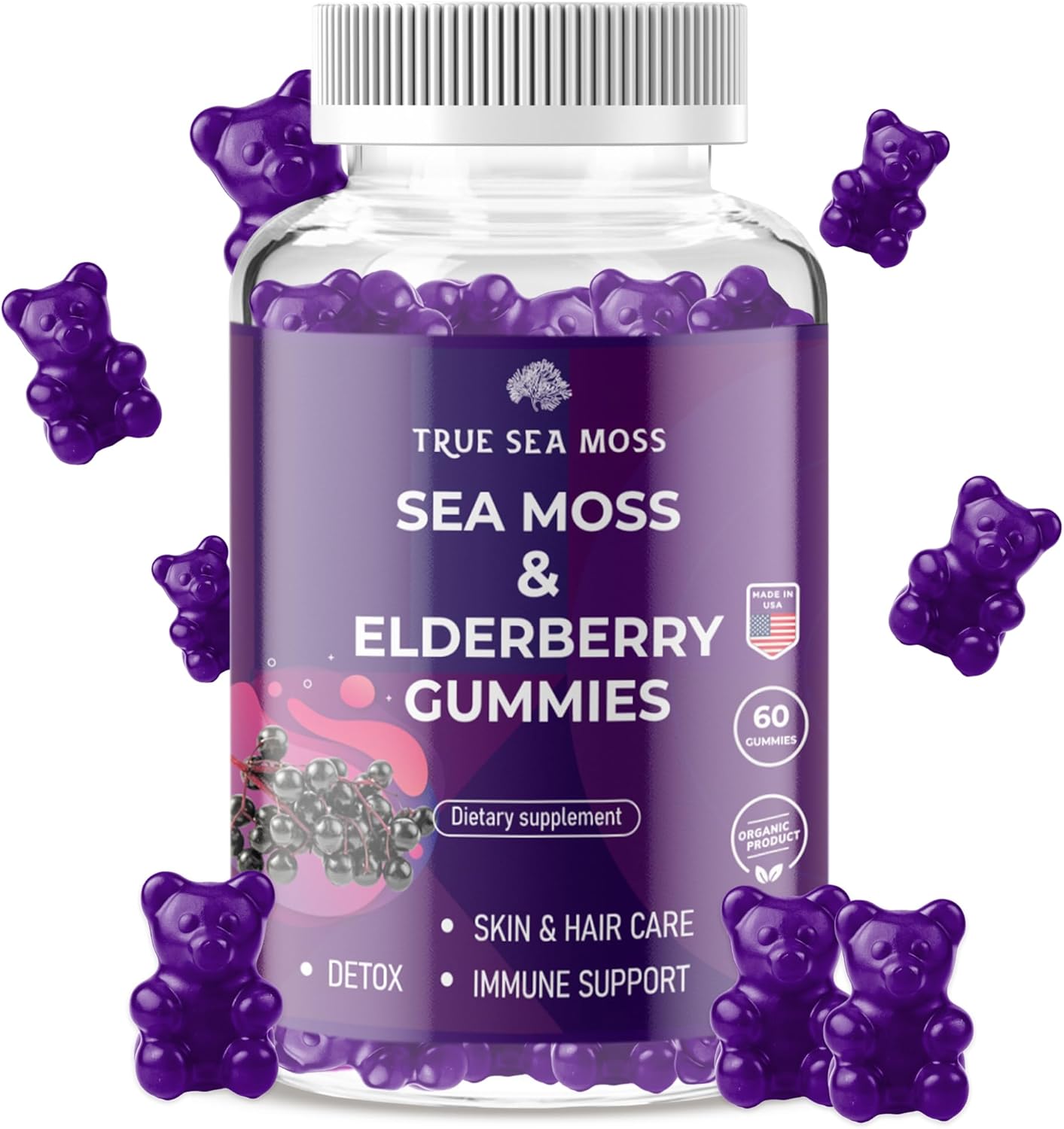 Sea Moss Elderberry Gummies with Magnesium, Burdock Root, and Bladderwrack - Immune Support for Kids and Adults - 60pcs