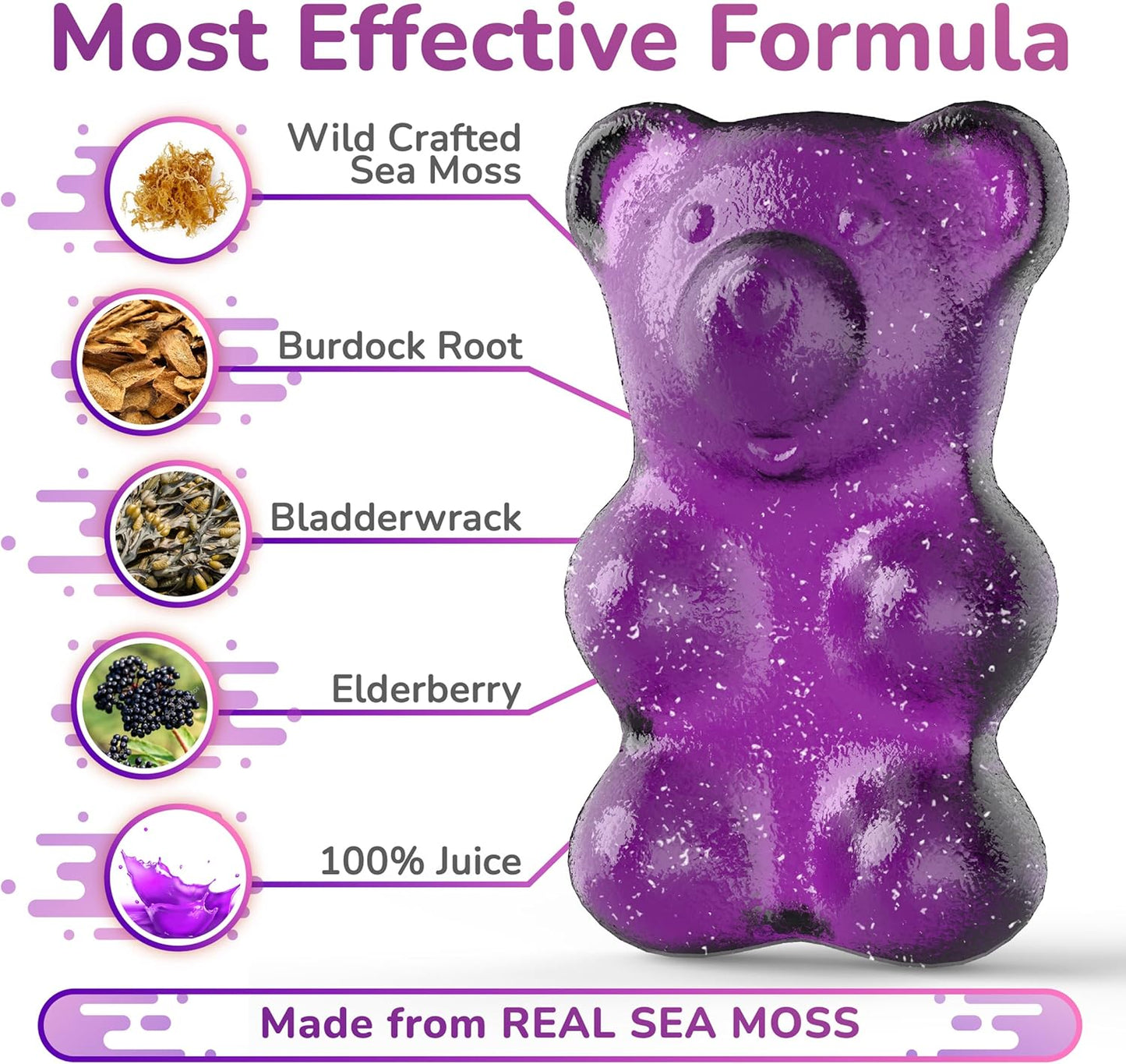 Sea Moss Elderberry Gummies with Magnesium, Burdock Root, and Bladderwrack - Immune Support for Kids and Adults - 60pcs