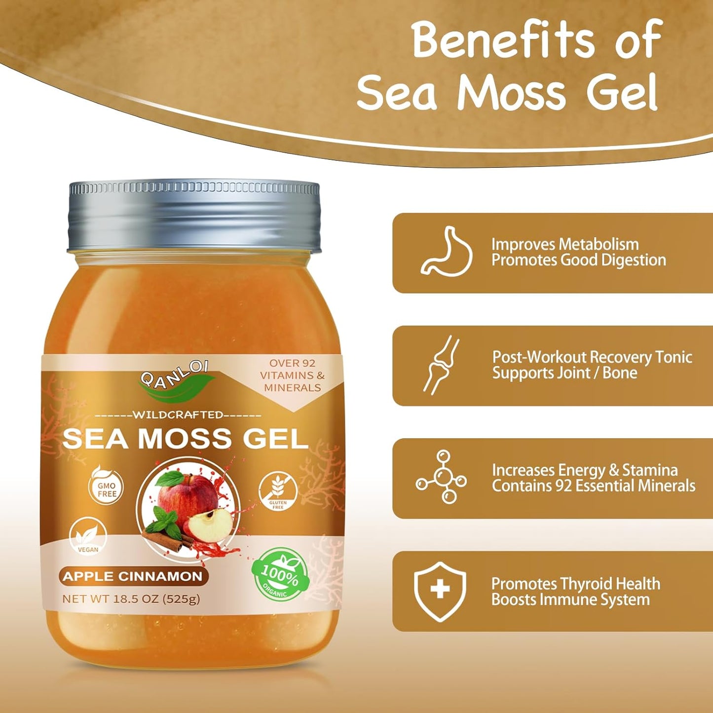 Sea Moss Gel with Irish Sea Moss for Immune Support - Raw Organic Seamoss Supplement in Apple Cinnamon Flavor - 18.5oz Jar