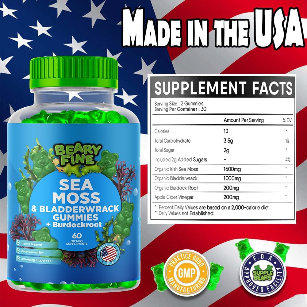 Sea Moss Gummies with Apple Cider Vinegar, Burdock Root, and Bladderwrack - 102 Minerals for Daily Wellness - 60 Gummies for Kids & Adults - Made in USA