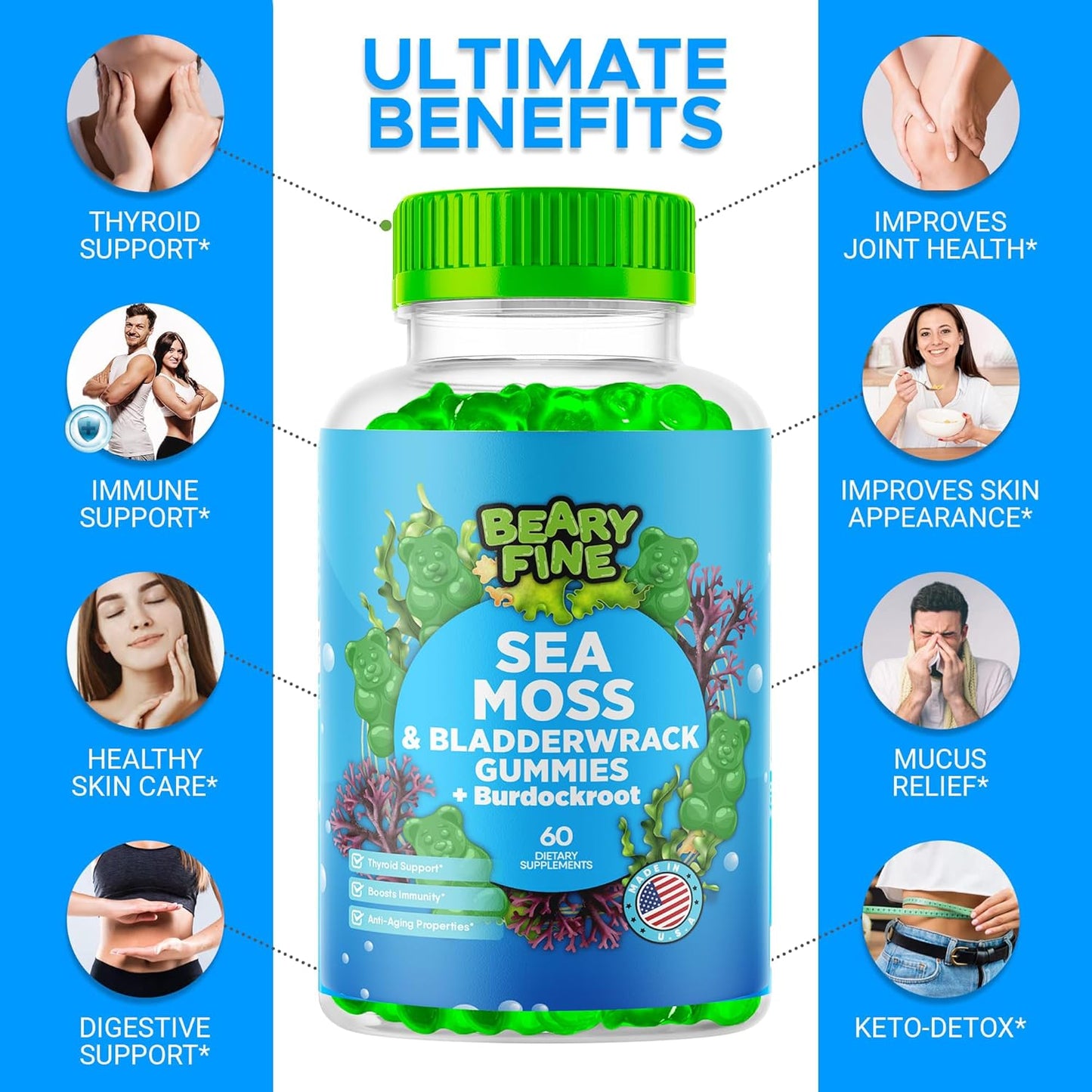 Sea Moss Gummies with Apple Cider Vinegar, Burdock Root, and Bladderwrack - 102 Minerals for Daily Wellness - 60 Gummies for Kids & Adults - Made in USA