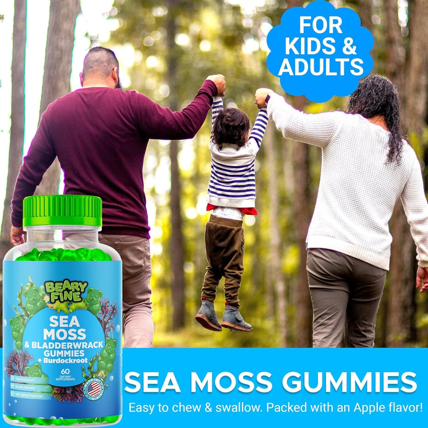 Sea Moss Gummies with Apple Cider Vinegar, Burdock Root, and Bladderwrack - 102 Minerals for Daily Wellness - 60 Gummies for Kids & Adults - Made in USA