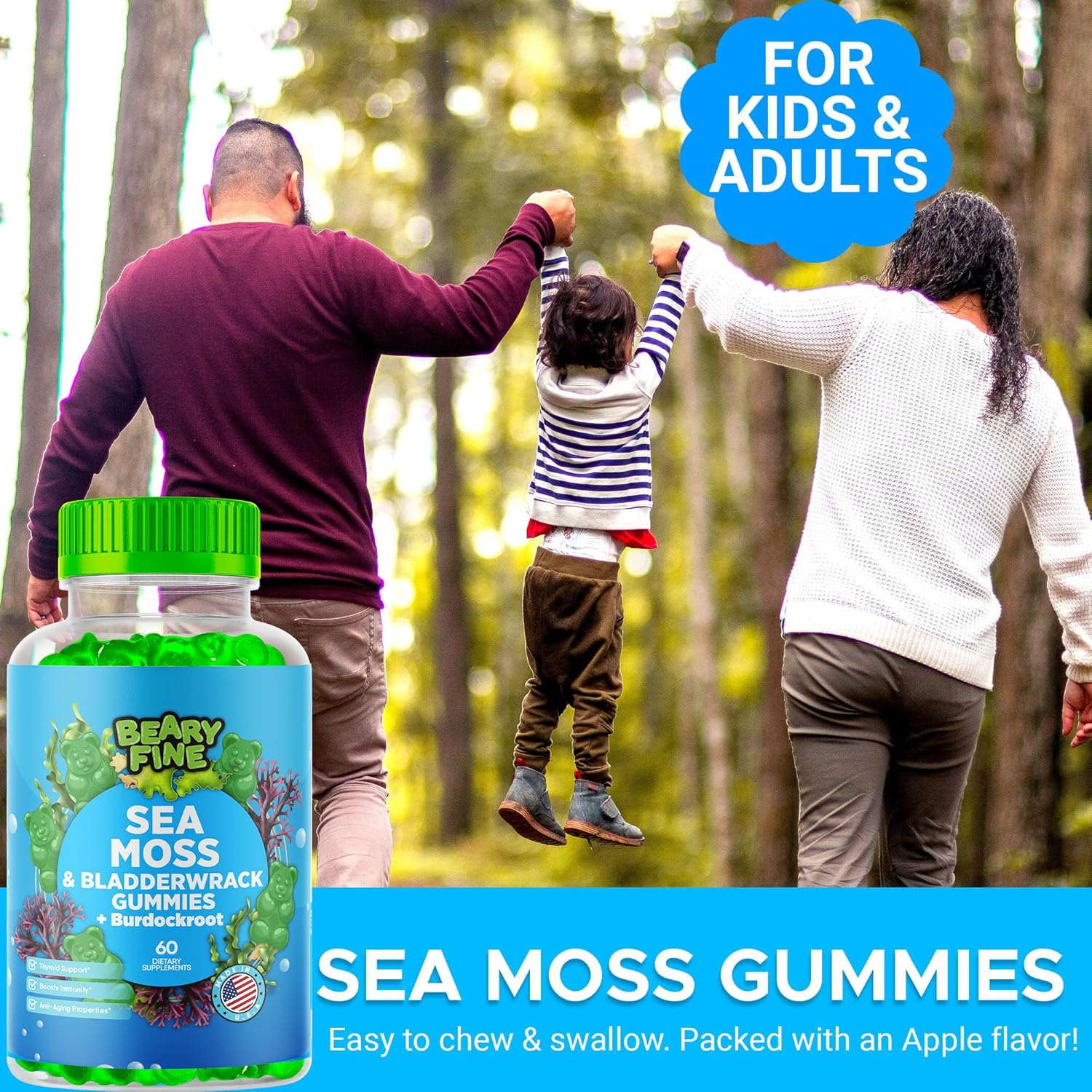 Sea Moss Gummies with Apple Cider Vinegar, Burdock Root, and Bladderwrack - 102 Minerals for Daily Wellness - 60 Gummies for Kids & Adults - Made in USA
