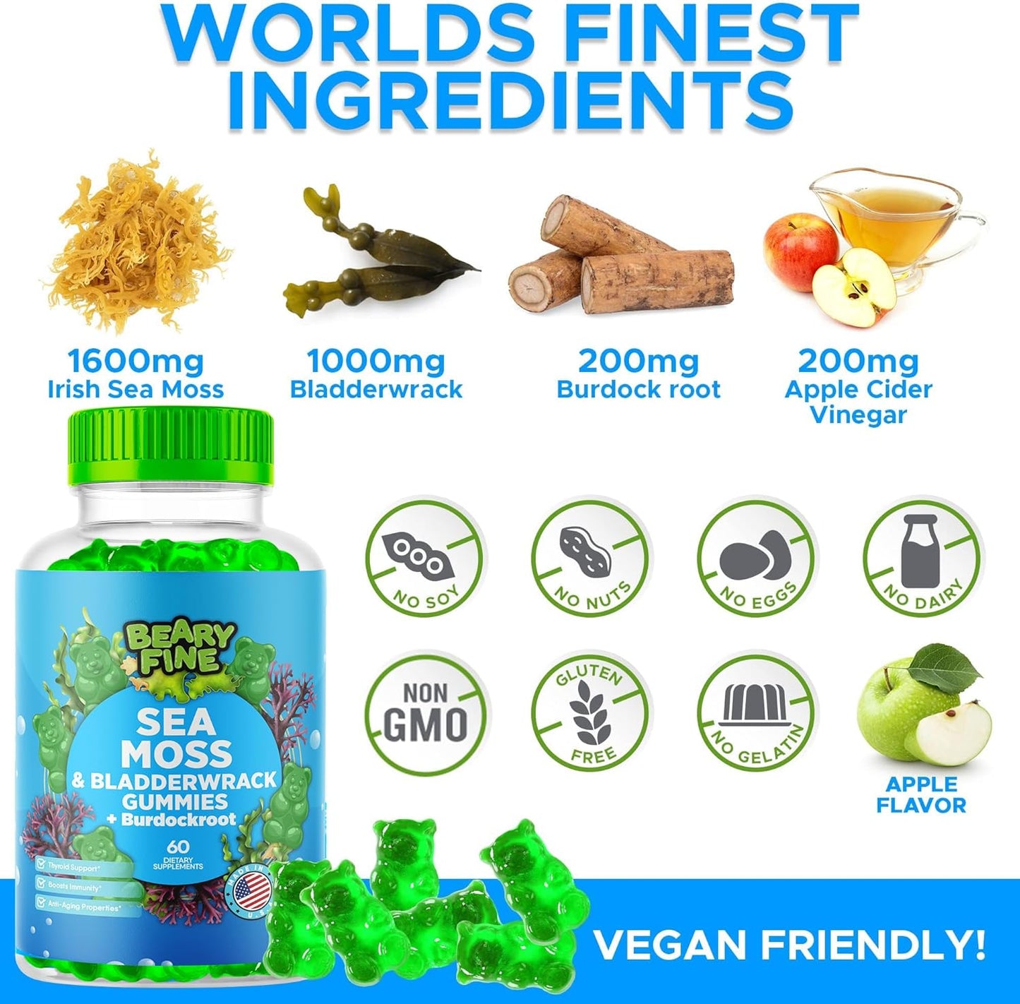 Sea Moss Gummies with Apple Cider Vinegar, Burdock Root, and Bladderwrack - 102 Minerals for Daily Wellness - 60 Gummies for Kids & Adults - Made in USA