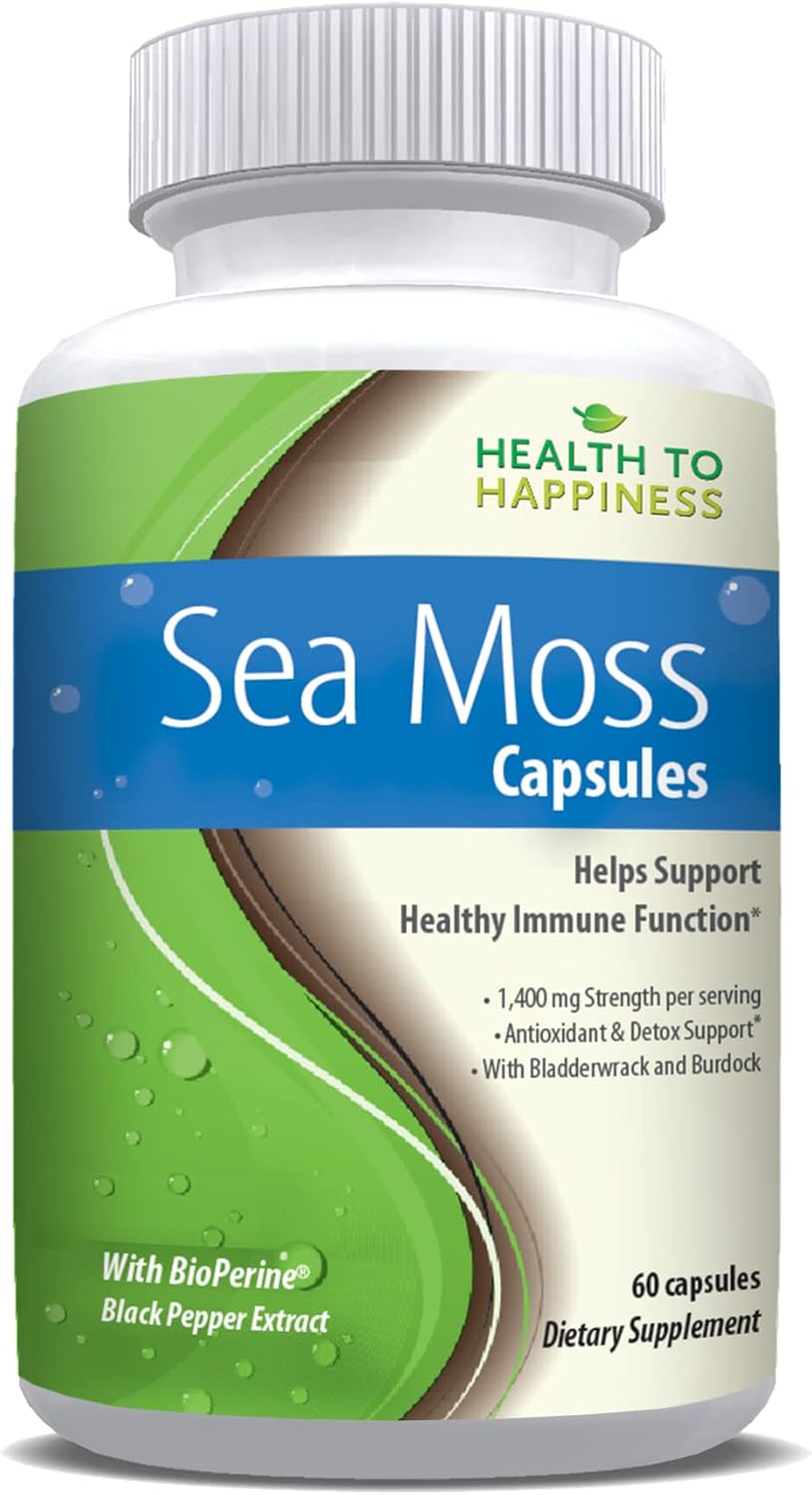 Sea Moss Immune Support Supplement with Black Pepper, Bladderwrack, and Burdock Root for Healthy Immune Function and Happiness