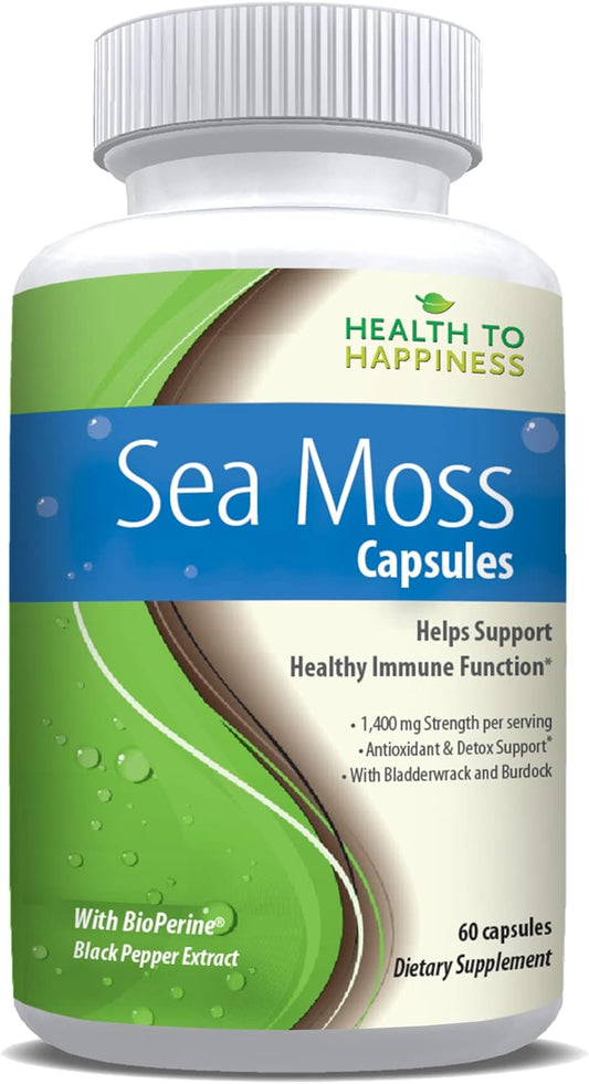 Sea Moss Immune Support Supplement with Black Pepper, Bladderwrack, and Burdock Root for Healthy Immune Function and Happiness