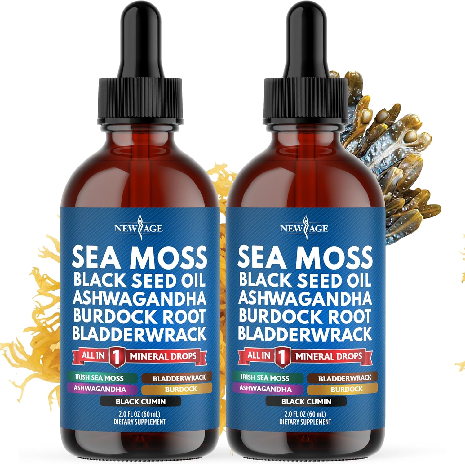 Sea Moss Liquid Drops Supplement with Black Seed Oil, Ashwagandha, Burdock Root, Bladderwrack, Silica, Multiminerals - Non-GMO Vegan - 2 Pack
