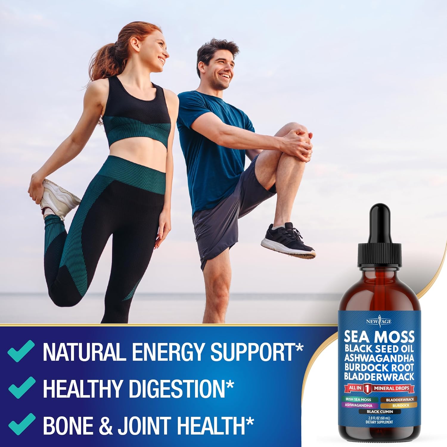 Sea Moss Liquid Drops Supplement with Black Seed Oil, Ashwagandha, Burdock Root, Bladderwrack, Silica, Multiminerals - Non-GMO Vegan - 2 Pack