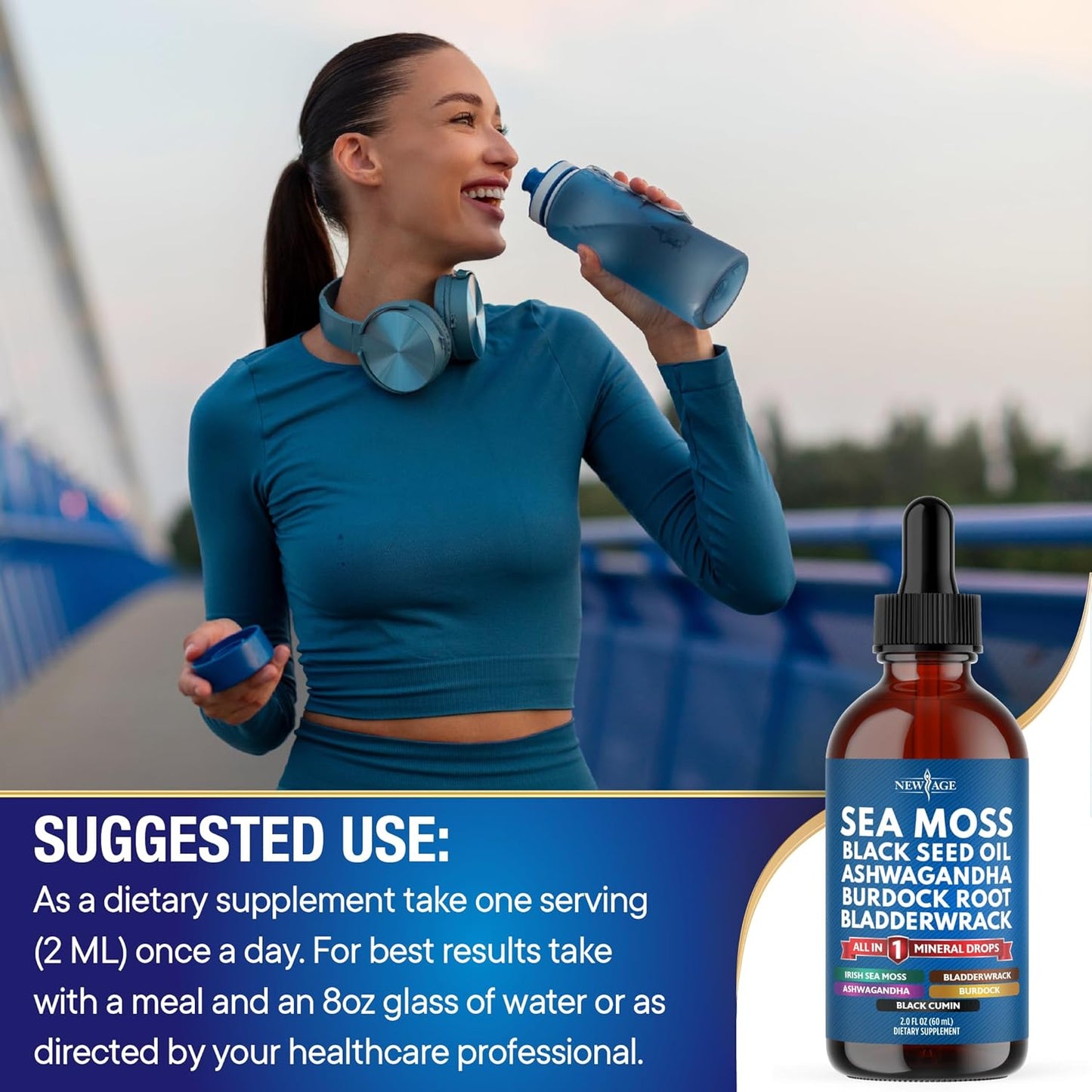 Sea Moss Liquid Drops Supplement with Black Seed Oil, Ashwagandha, Burdock Root, Bladderwrack, Silica, Multiminerals - Non-GMO Vegan - 2 Pack