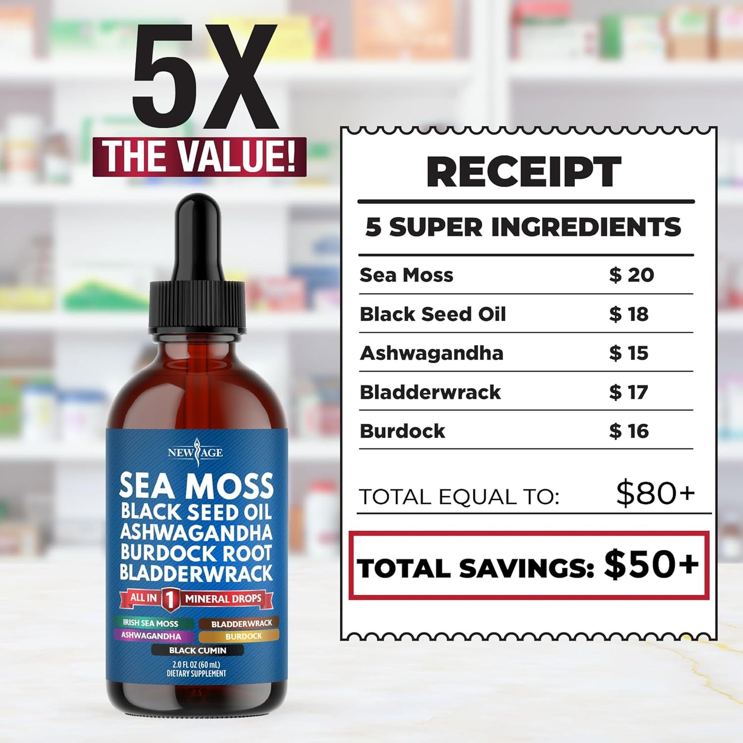Sea Moss Liquid Drops Supplement with Black Seed Oil, Ashwagandha, Burdock Root, Bladderwrack, Silica, Multiminerals - Non-GMO Vegan - 2 Pack