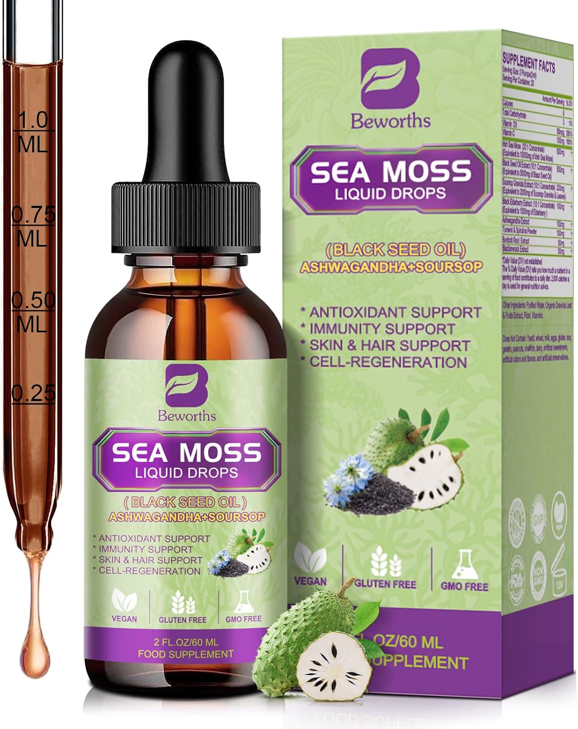 Sea Moss Liquid Drops with Black Seed Oil, Ashwagandha, Elderberry, Burdock Root - Multimineral Supplement for Antioxidant, Immune, Gut Health Support