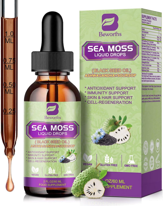 Sea Moss Liquid Drops with Black Seed Oil, Ashwagandha, Elderberry, Burdock Root - Multimineral Supplement for Antioxidant, Immune, Gut Health Support