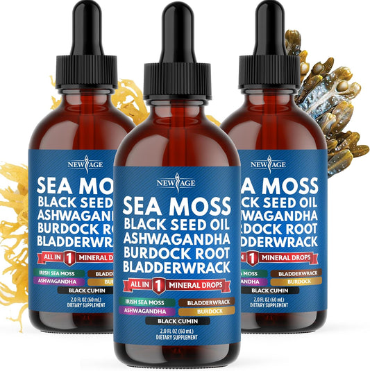 Sea Moss Liquid Drops with Black Seed Oil, Ashwagandha, Burdock Root, Bladderwrack, Silica - Multimineral Non-GMO Vegan Supplement Pack