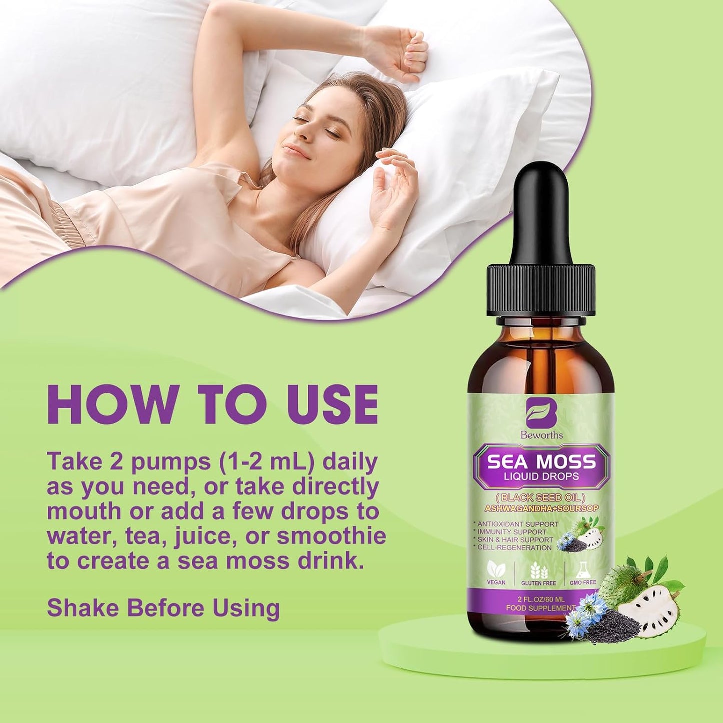 Sea Moss Liquid Drops with Black Seed Oil, Ashwagandha, Elderberry, Burdock Root - Multimineral Supplement for Antioxidant, Immune, Gut Health Support