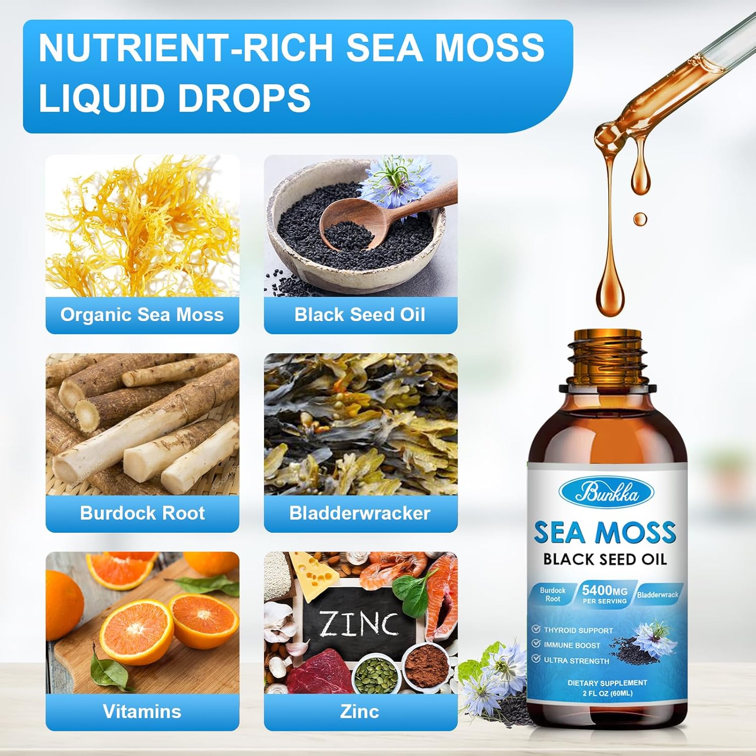 Sea Moss Liquid Drops with Burdock Root, Bladderwrack, Elderberry, Irish Moss, Vitamin C&D3 - Immunity Booster, Digestive Health, Skin Support - Original Flavor, 2oz Bottle