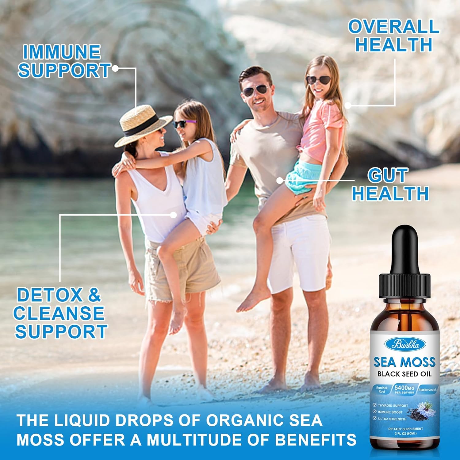 Sea Moss Liquid Drops with Burdock Root, Bladderwrack, Elderberry, Irish Moss, Vitamin C&D3 - Immunity Booster, Digestive Health, Skin Support - Original Flavor, 2oz Bottle