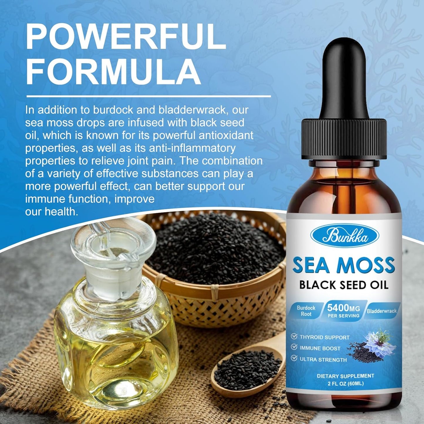 Sea Moss Liquid Drops with Burdock Root, Bladderwrack, Elderberry, Irish Moss, Vitamin C&D3 - Immunity Booster, Digestive Health, Skin Support - Original Flavor, 2oz Bottle