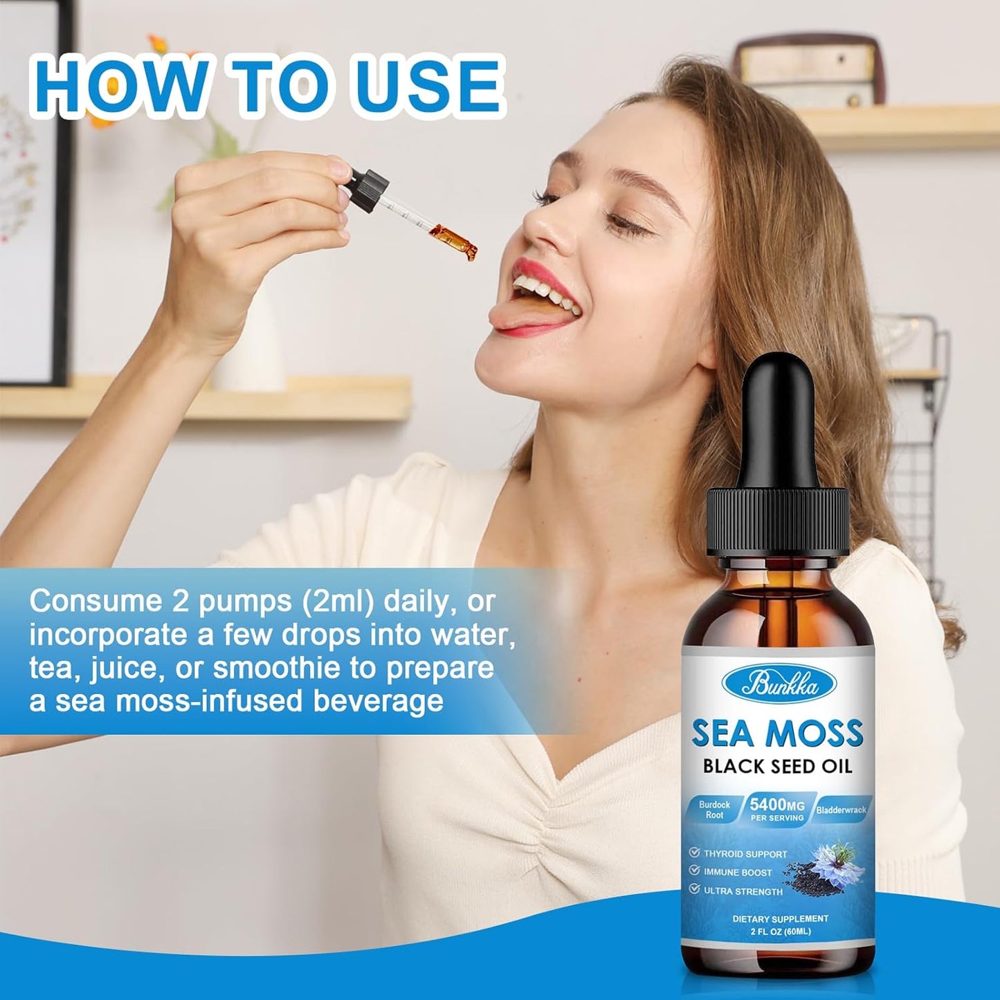 Sea Moss Liquid Drops with Burdock Root, Bladderwrack, Elderberry, Irish Moss, Vitamin C&D3 - Immunity Booster, Digestive Health, Skin Support - Original Flavor, 2oz Bottle