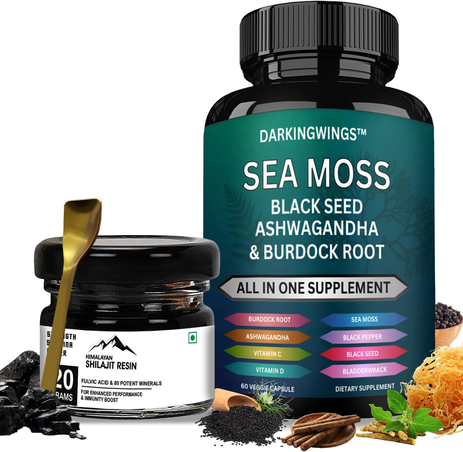 Sea Moss, Shilajit, and Black Seed Oil Vitality Bundle - 500mg Shilajit, 3000mg Sea Moss, 2000mg Black Seed Oil, 1000mg Ashwagandha, Burdock Root & Bladderwrack - Men & Women - 30 Day Supply