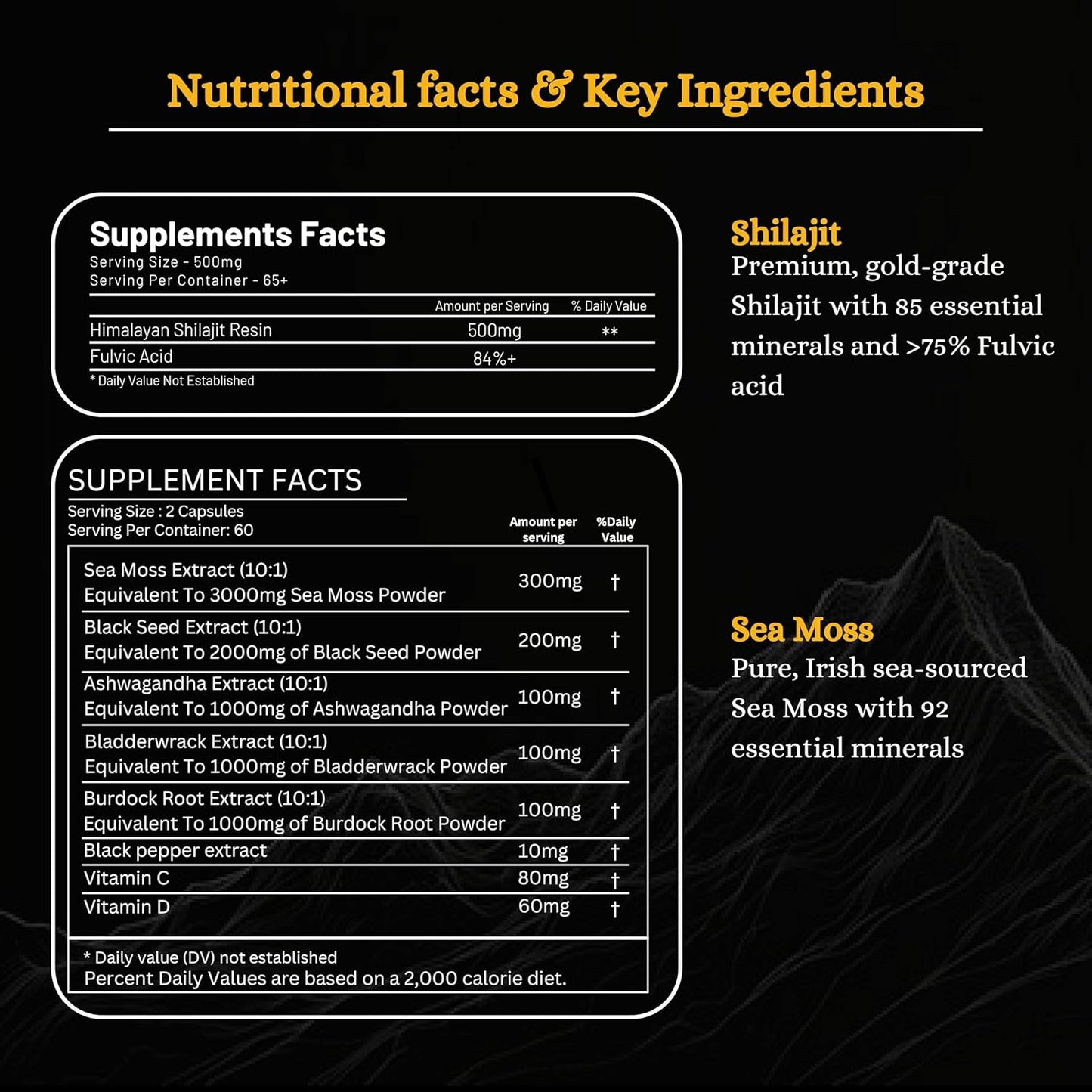Sea Moss, Shilajit, and Black Seed Oil Vitality Bundle - 500mg Shilajit, 3000mg Sea Moss, 2000mg Black Seed Oil, 1000mg Ashwagandha, Burdock Root & Bladderwrack - Men & Women - 30 Day Supply
