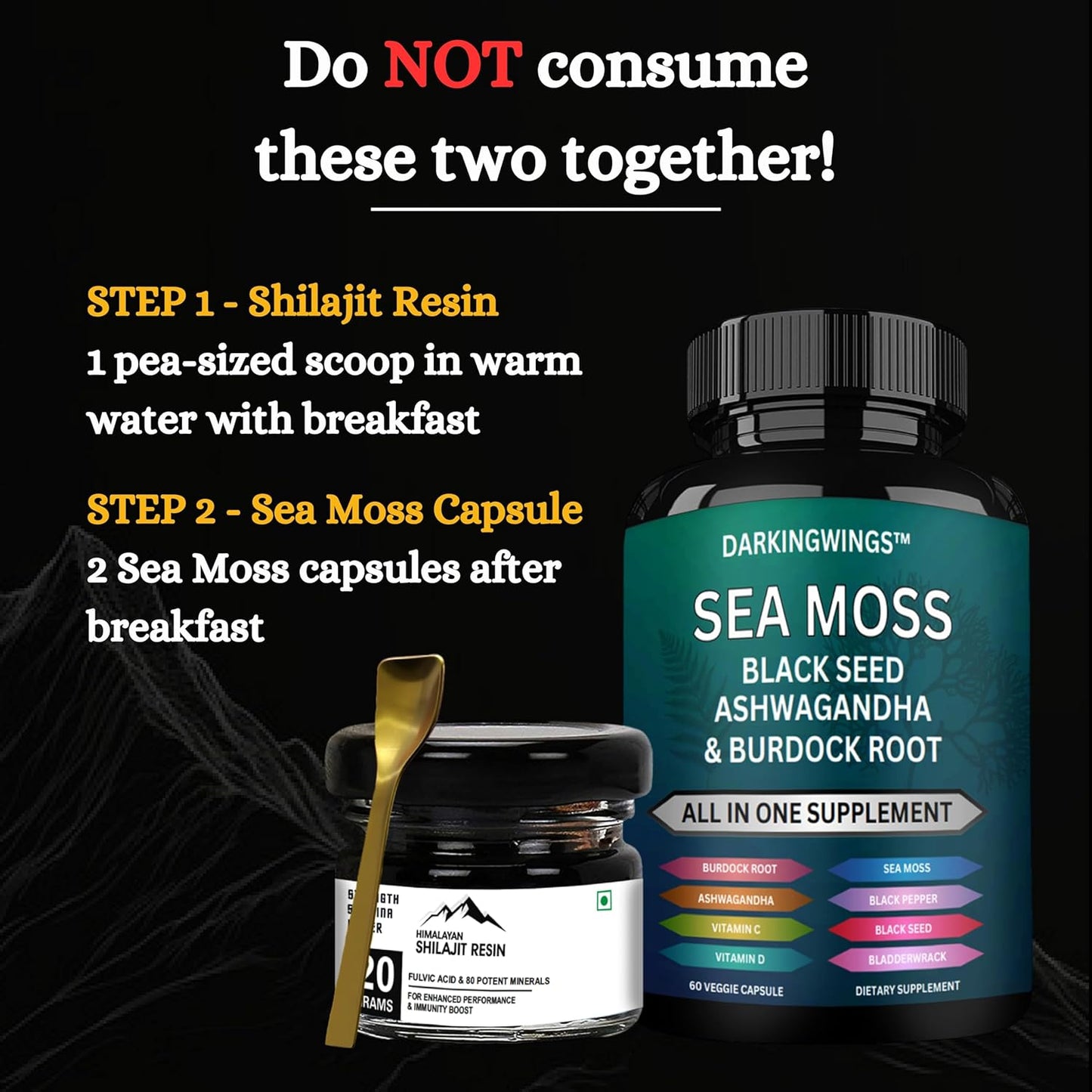 Sea Moss, Shilajit, and Black Seed Oil Vitality Bundle - 500mg Shilajit, 3000mg Sea Moss, 2000mg Black Seed Oil, 1000mg Ashwagandha, Burdock Root & Bladderwrack - Men & Women - 30 Day Supply