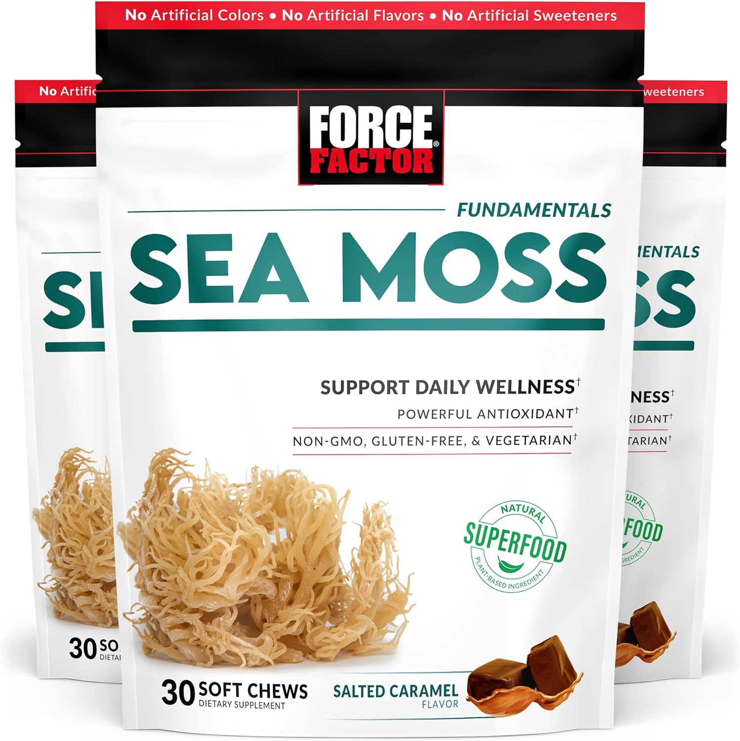 Sea Moss Soft Chews for Immunity & Heart Health, Irish Moss Superfood Supplement, Non-GMO, Gluten-Free, Salted Caramel Flavor, 90 Chews, 3 Packs, 18 oz.