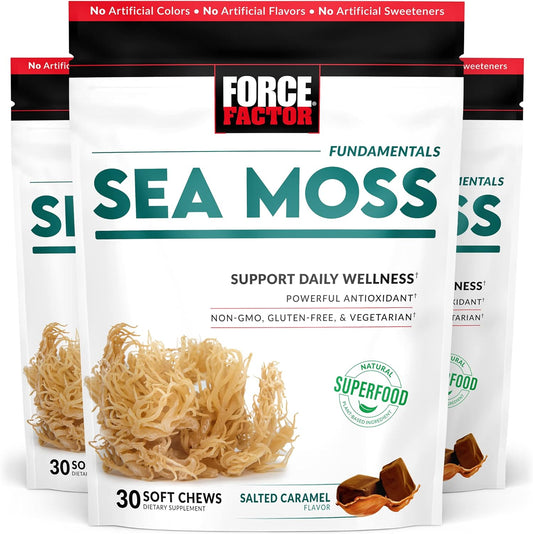 Sea Moss Soft Chews for Immunity & Heart Health, Irish Moss Superfood Supplement, Non-GMO, Gluten-Free, Salted Caramel Flavor, 90 Chews, 3 Packs, 18 oz.