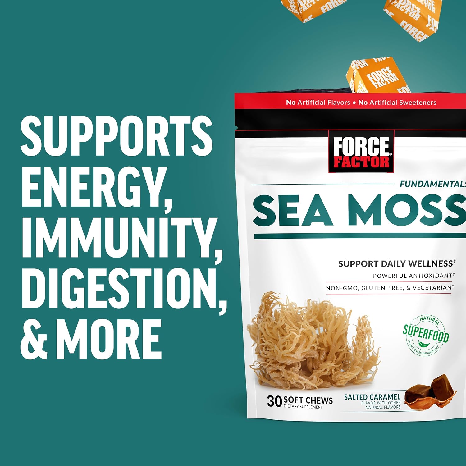 Sea Moss Soft Chews: Immunity, Digestion, Heart Health Support, Irish Sea Moss Superfood, Antioxidants, Non-GMO, Gluten-Free, Salted Caramel Flavor