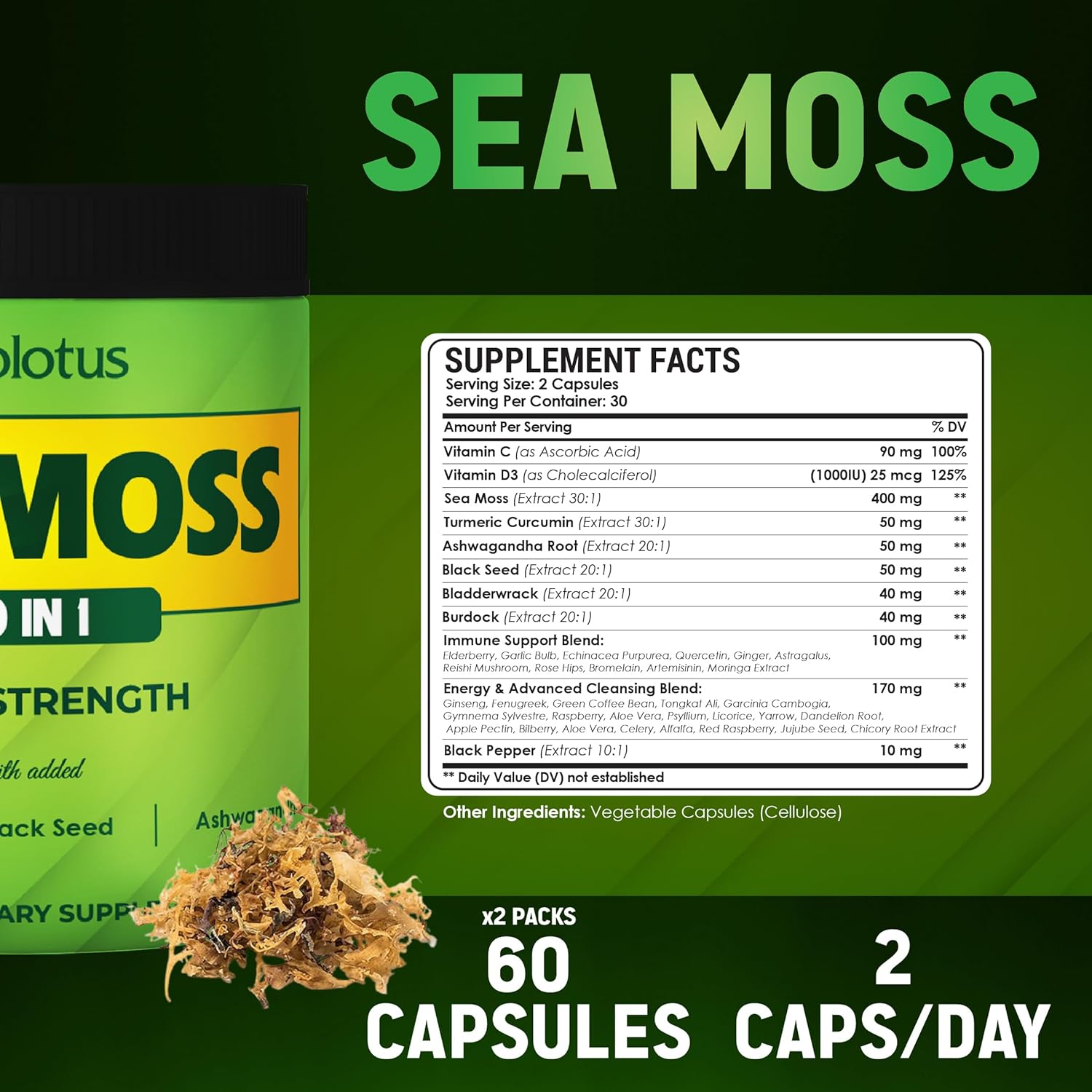 Sea Moss Supplement 40 in 1 with Turmeric, Ashwagandha, Bladderwrack - 2 Packs (60 Capsules) for Immune System, Body Balance, Heart Health