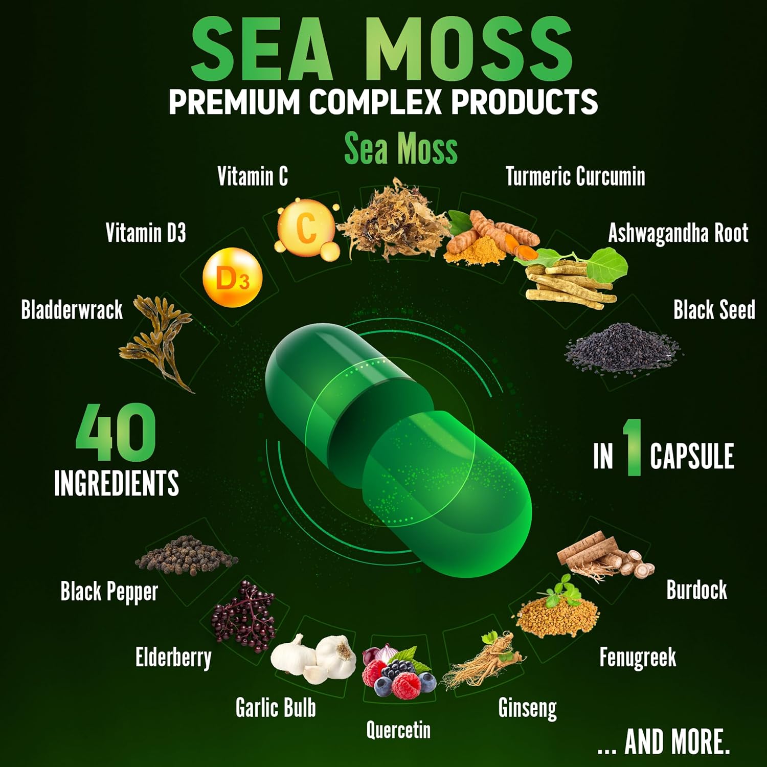 Sea Moss Supplement 40 in 1 with Turmeric, Ashwagandha, Bladderwrack - 2 Packs (60 Capsules) for Immune System, Body Balance, Heart Health