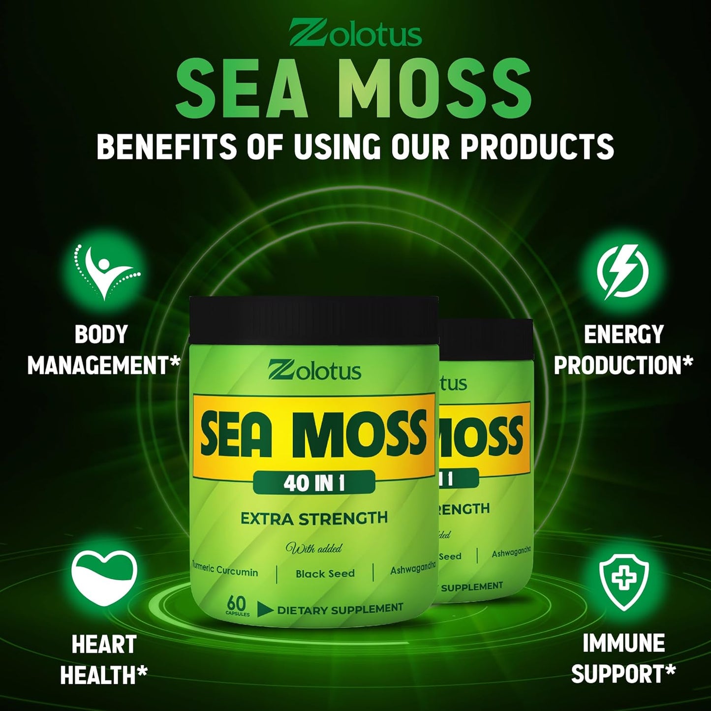 Sea Moss Supplement 40 in 1 with Turmeric, Ashwagandha, Bladderwrack - 2 Packs (60 Capsules) for Immune System, Body Balance, Heart Health